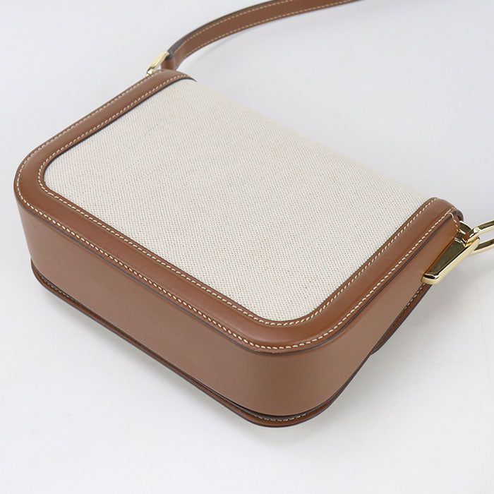 PRADA – Canvas & Leather Shoulder Bag – Beige with Gold Hardware – 100% Authentic ✨Previously Owned Very Good Condition ~39% Off MSRP