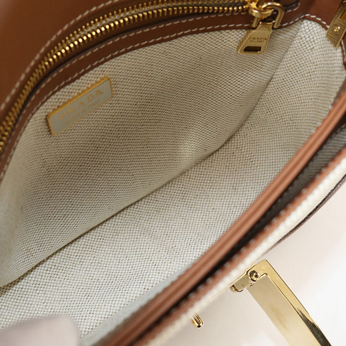 PRADA – Canvas & Leather Shoulder Bag – Beige with Gold Hardware – 100% Authentic ✨Previously Owned Very Good Condition ~39% Off MSRP