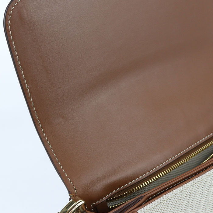 PRADA – Canvas & Leather Shoulder Bag – Beige with Gold Hardware – 100% Authentic ✨Previously Owned Very Good Condition ~39% Off MSRP