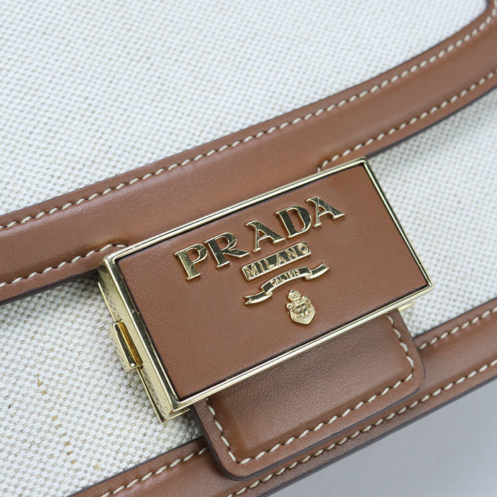 PRADA – Canvas & Leather Shoulder Bag – Beige with Gold Hardware – 100% Authentic ✨Previously Owned Very Good Condition ~39% Off MSRP
