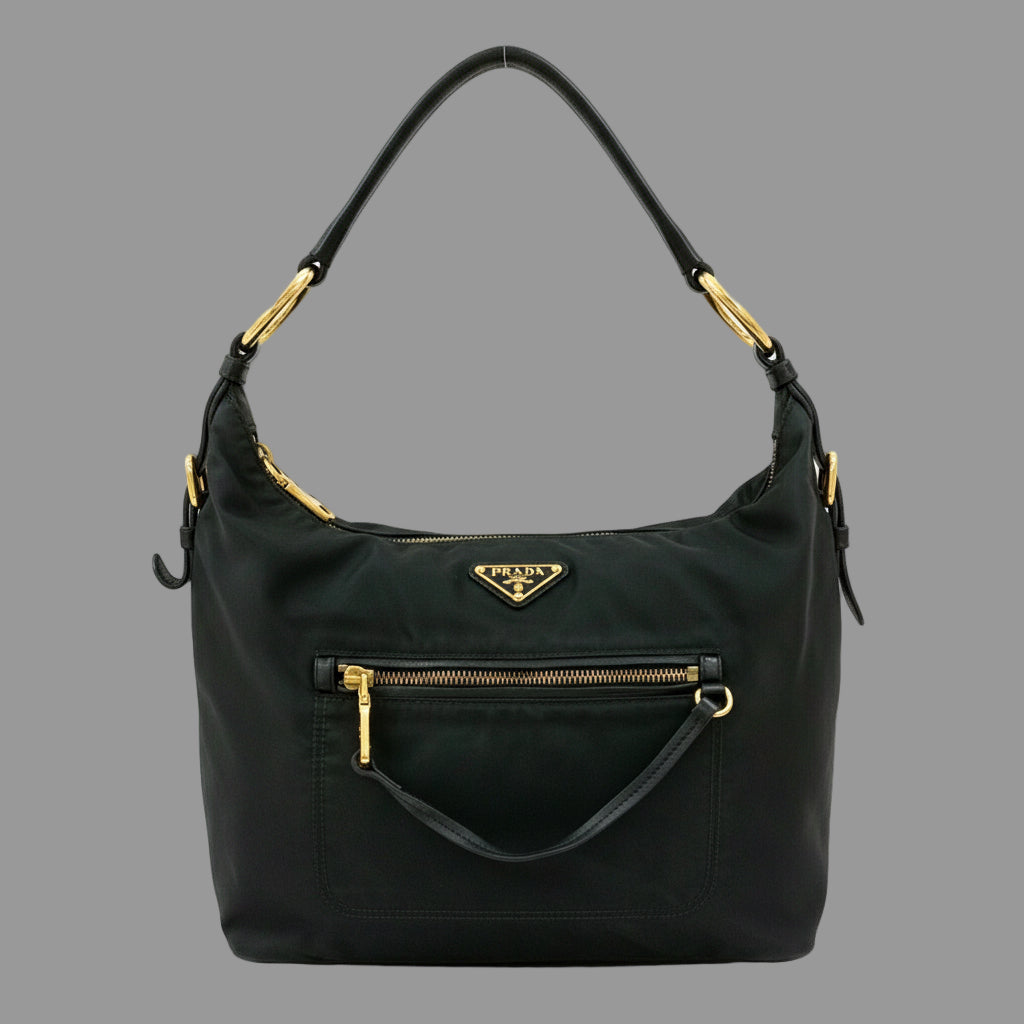 PRADA – Nylon &amp; Leather Shoulder Bag with Triangle Logo – Black – 100% Authentic ✨Previously Owned Very Good Condition ~38% Off MSRP