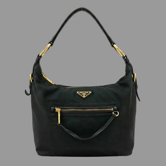 PRADA – Nylon &amp; Leather Shoulder Bag with Triangle Logo – Black – 100% Authentic ✨Previously Owned Very Good Condition ~38% Off MSRP