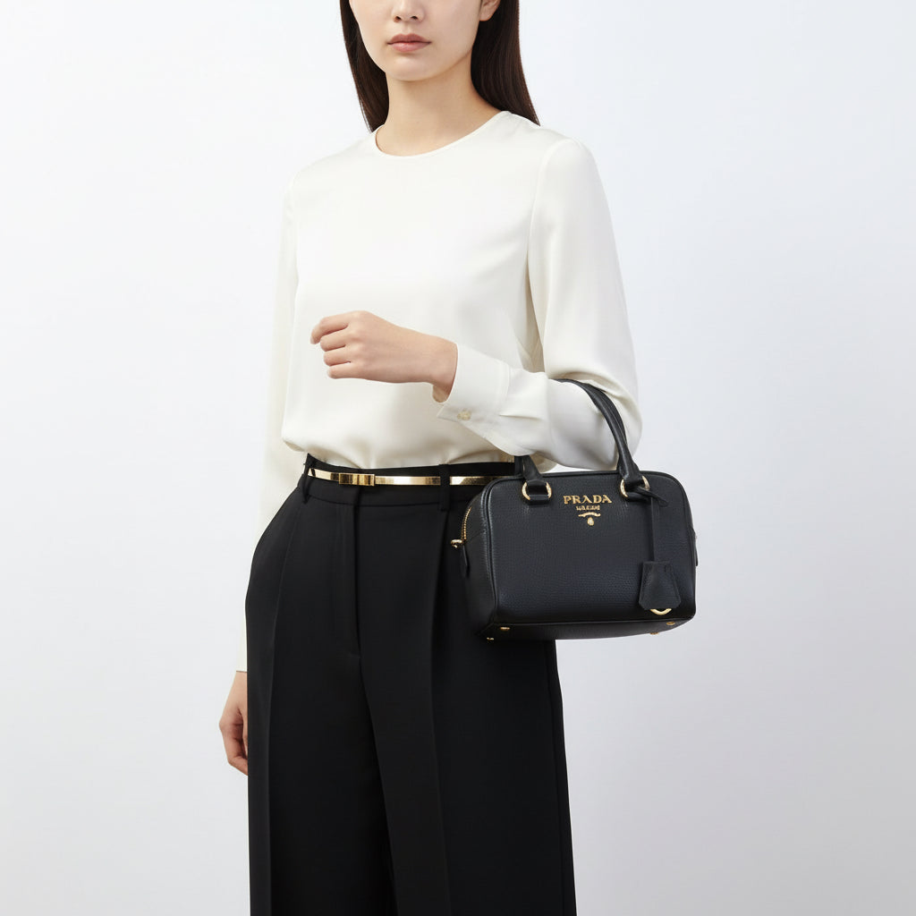 PRADA – 2WAY Vittello Leather Handbag – Black with Gold Hardware – 100% Authentic ✨Previously Owned Excellent Condition ~39% Off MSRP