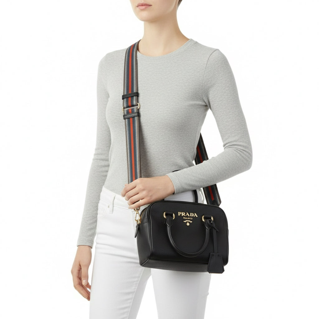 PRADA – 2WAY Vittello Leather Handbag – Black with Gold Hardware – 100% Authentic ✨Previously Owned Excellent Condition ~39% Off MSRP