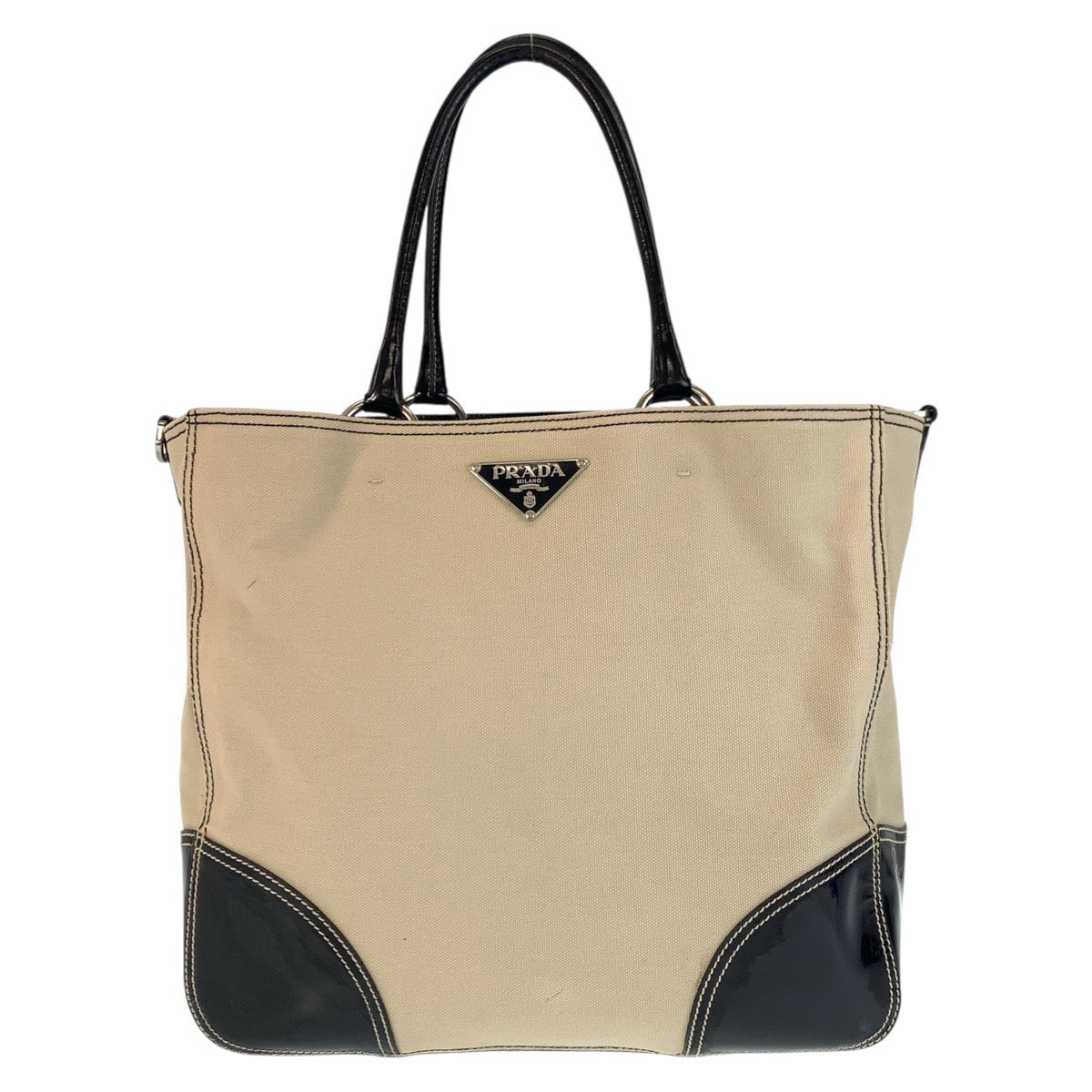 PRADA – Canvas Tote Bag with Triangle Logo – Beige &amp; Black with Silver Hardware – 100% Authentic ✨Previously Owned Very Good Condition ~32% Off MSRP