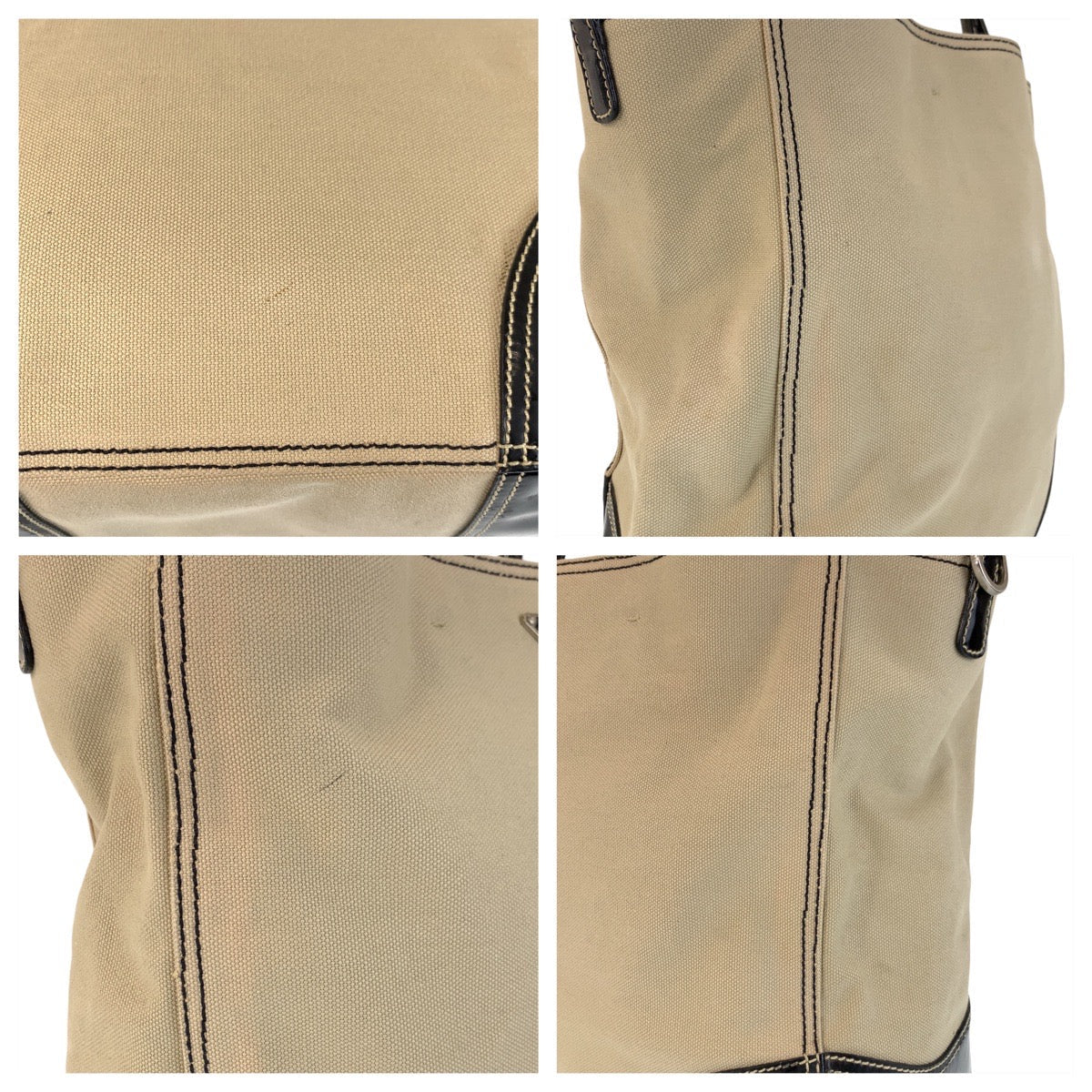 PRADA – Canvas Tote Bag with Triangle Logo – Beige &amp; Black with Silver Hardware – 100% Authentic ✨Previously Owned Very Good Condition ~32% Off MSRP