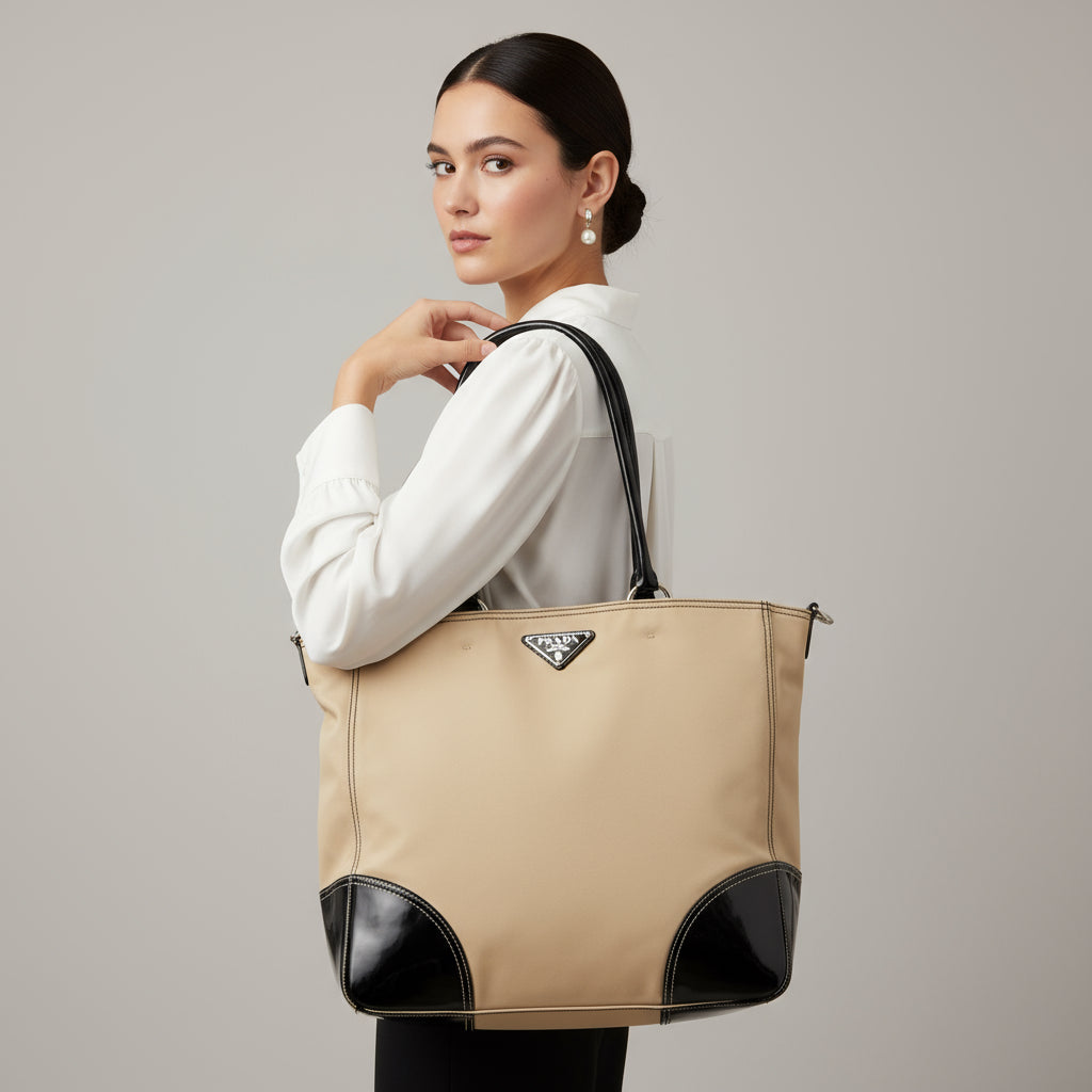 PRADA – Canvas Tote Bag with Triangle Logo – Beige &amp; Black with Silver Hardware – 100% Authentic ✨Previously Owned Very Good Condition ~32% Off MSRP