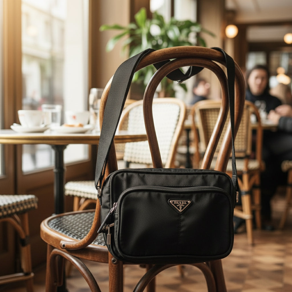 PRADA – Nylon Shoulder Bag with Triangle Logo – Black with Silver Hardware – 100% Authentic ✨Previously Owned Very Good Condition ~38% Off MSRP