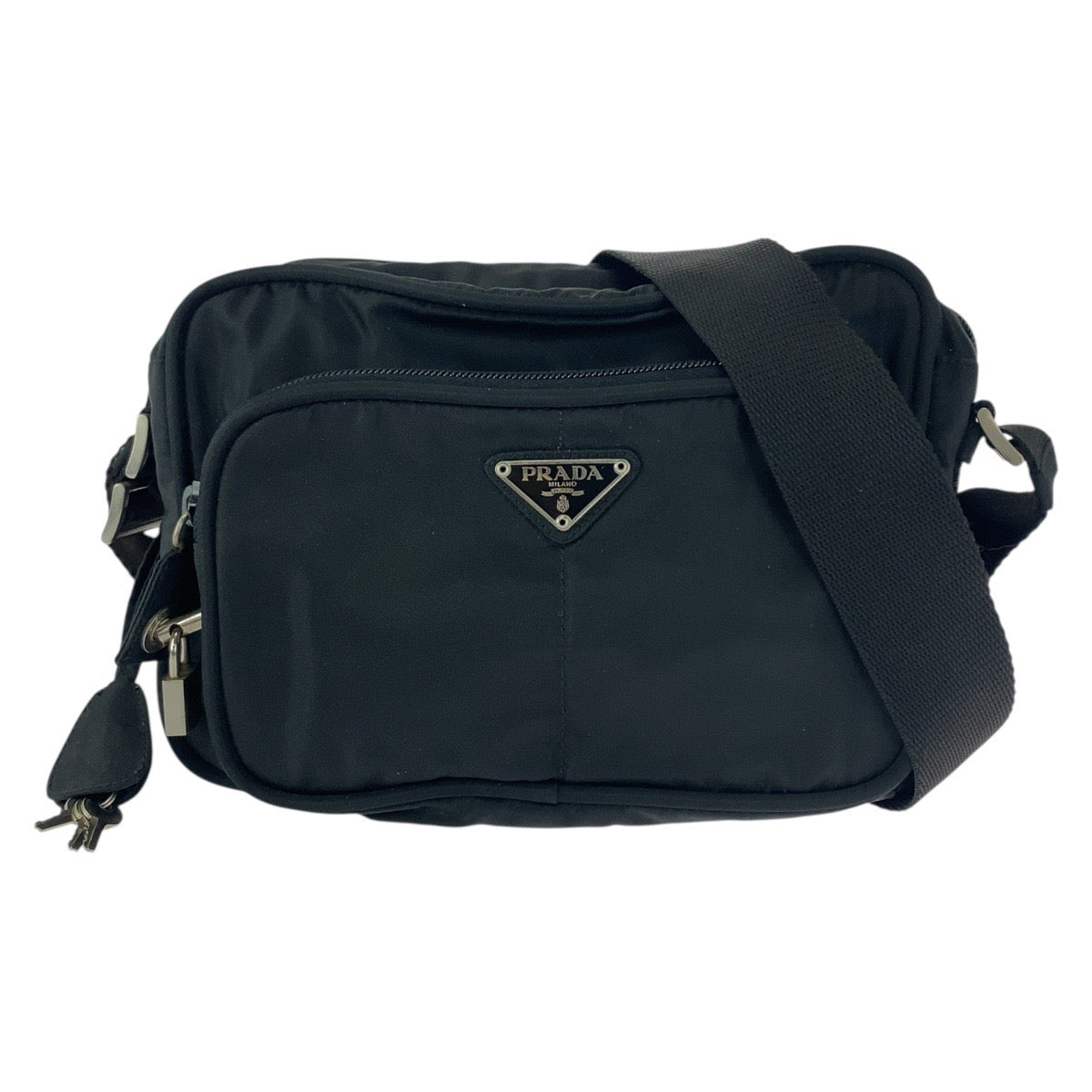 PRADA – Nylon Shoulder Bag with Triangle Logo – Black with Silver Hardware – 100% Authentic ✨Previously Owned Very Good Condition ~38% Off MSRP