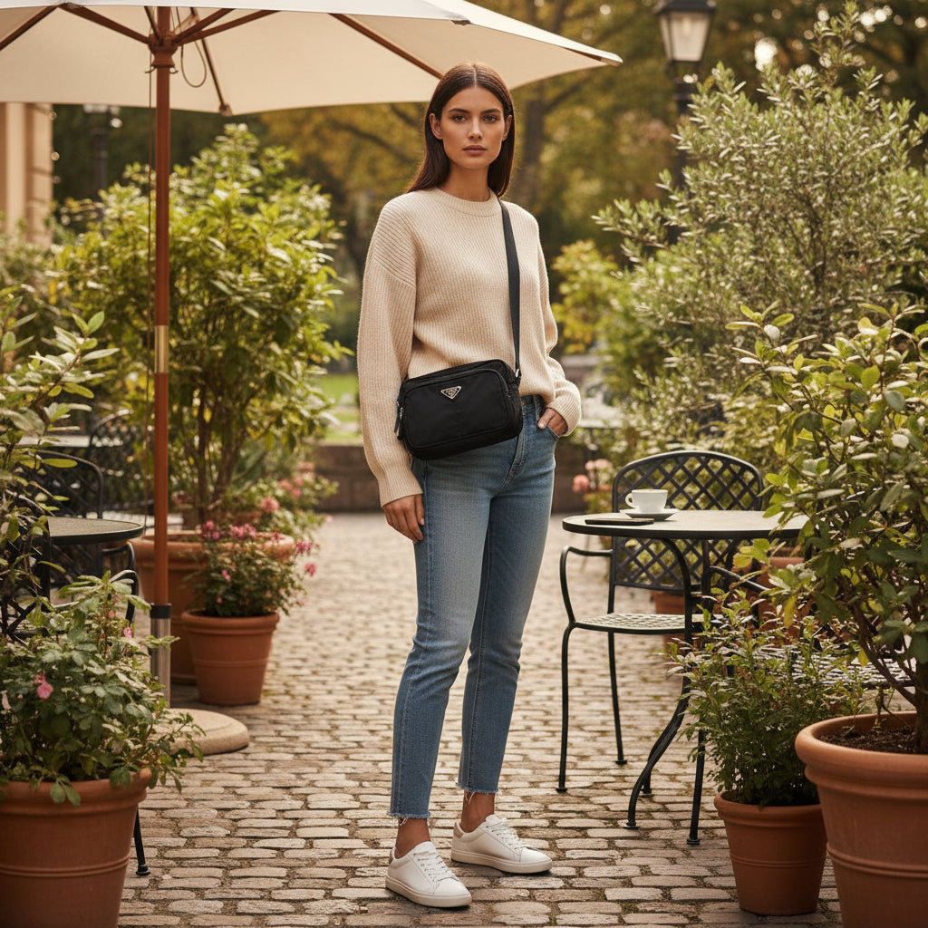 PRADA – Nylon Shoulder Bag with Triangle Logo – Black with Silver Hardware – 100% Authentic ✨Previously Owned Very Good Condition ~38% Off MSRP