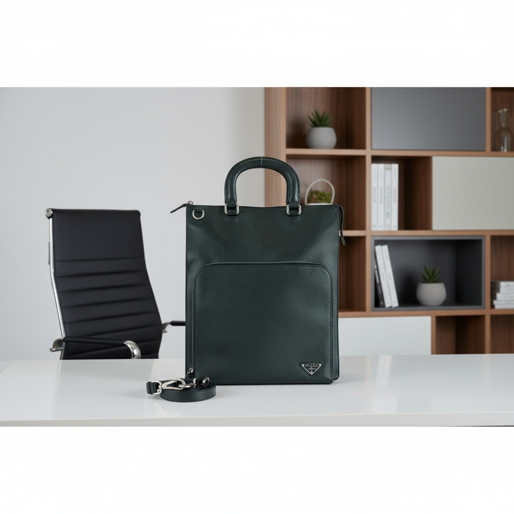 PRADA – Saffiano Leather Triangle Logo Tote Bag – Black – Men’s Business / Briefcase Style – 100% Authentic ✨Previously Owned Very Good Condition ~36% Off MSRP