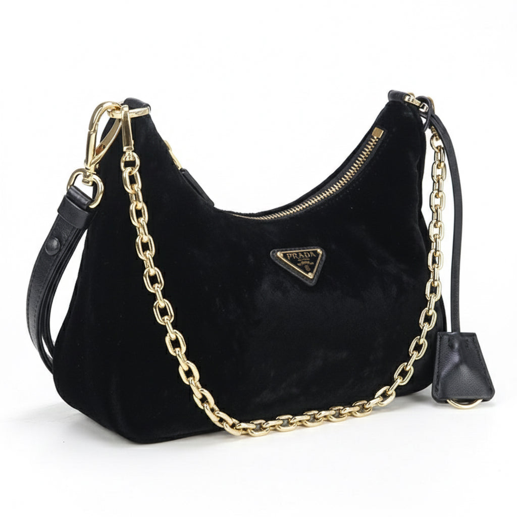 PRADA – Velvet Mini Re-Edition Shoulder Bag – Black with Gold Hardware – 100% Authentic ✨Previously Owned Very Good Condition ~39% Off MSRP
