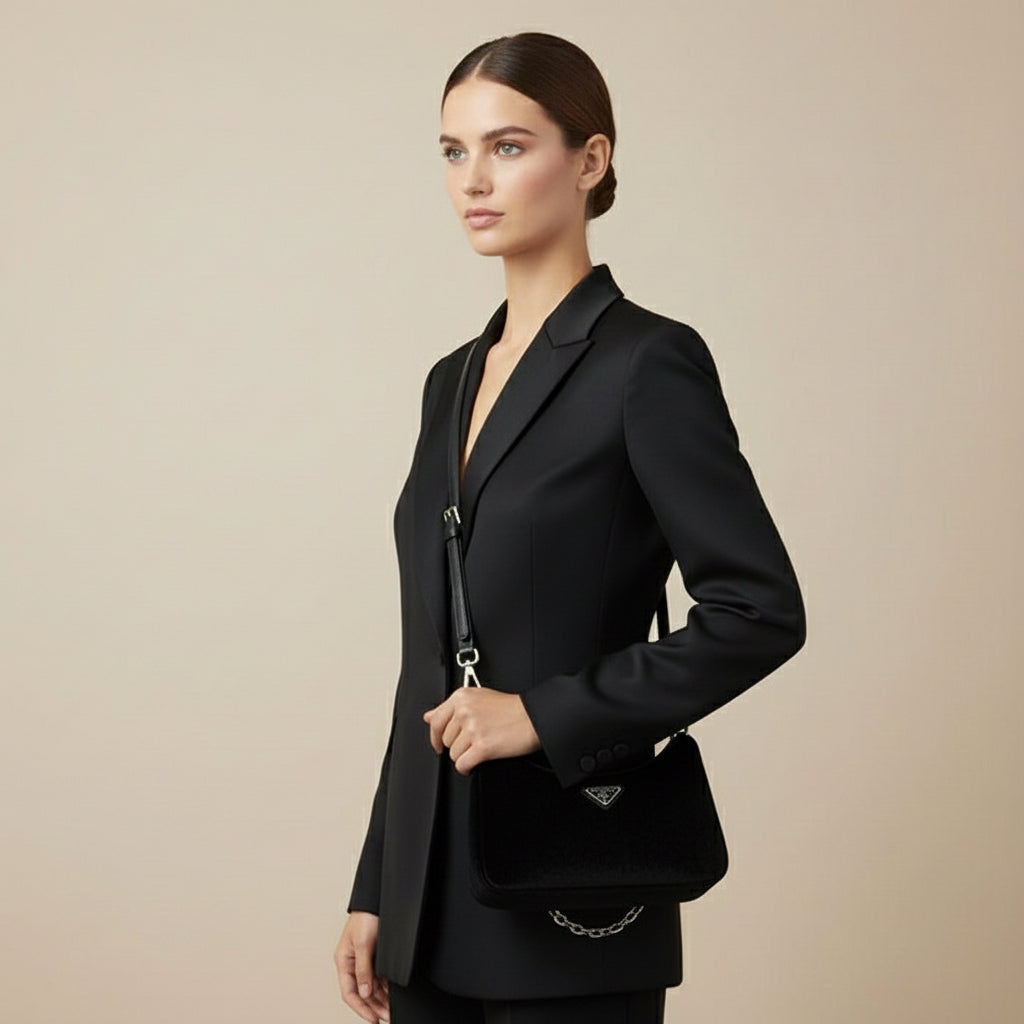 PRADA – Velvet Mini Re-Edition Shoulder Bag – Black with Gold Hardware – 100% Authentic ✨Previously Owned Very Good Condition ~39% Off MSRP