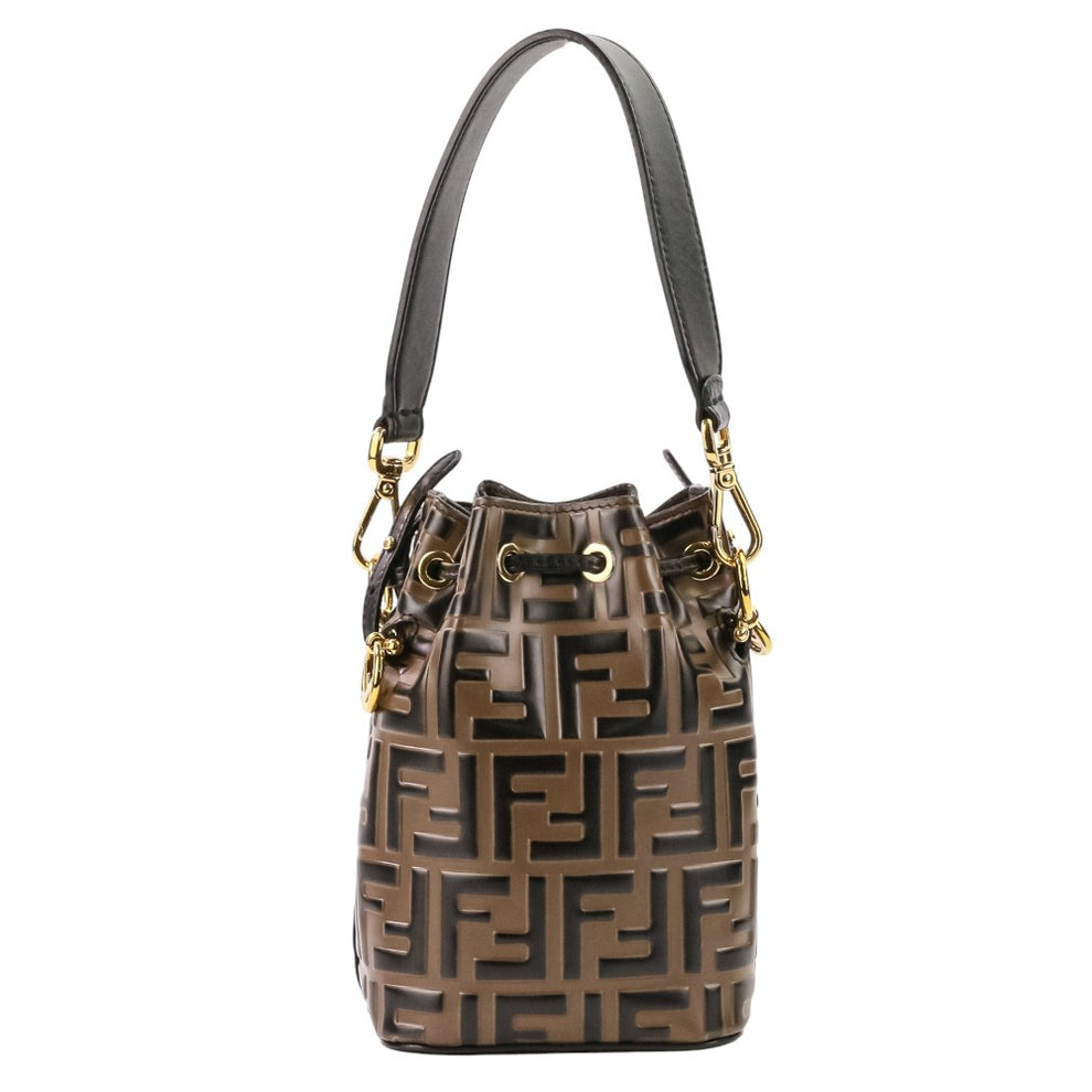 FENDI Mini Mon Trésor Bucket Bag – Brown FF Embossed Leather – 2-Way Drawstring – 100% Authentic Previously myOwned | Excellent Condition