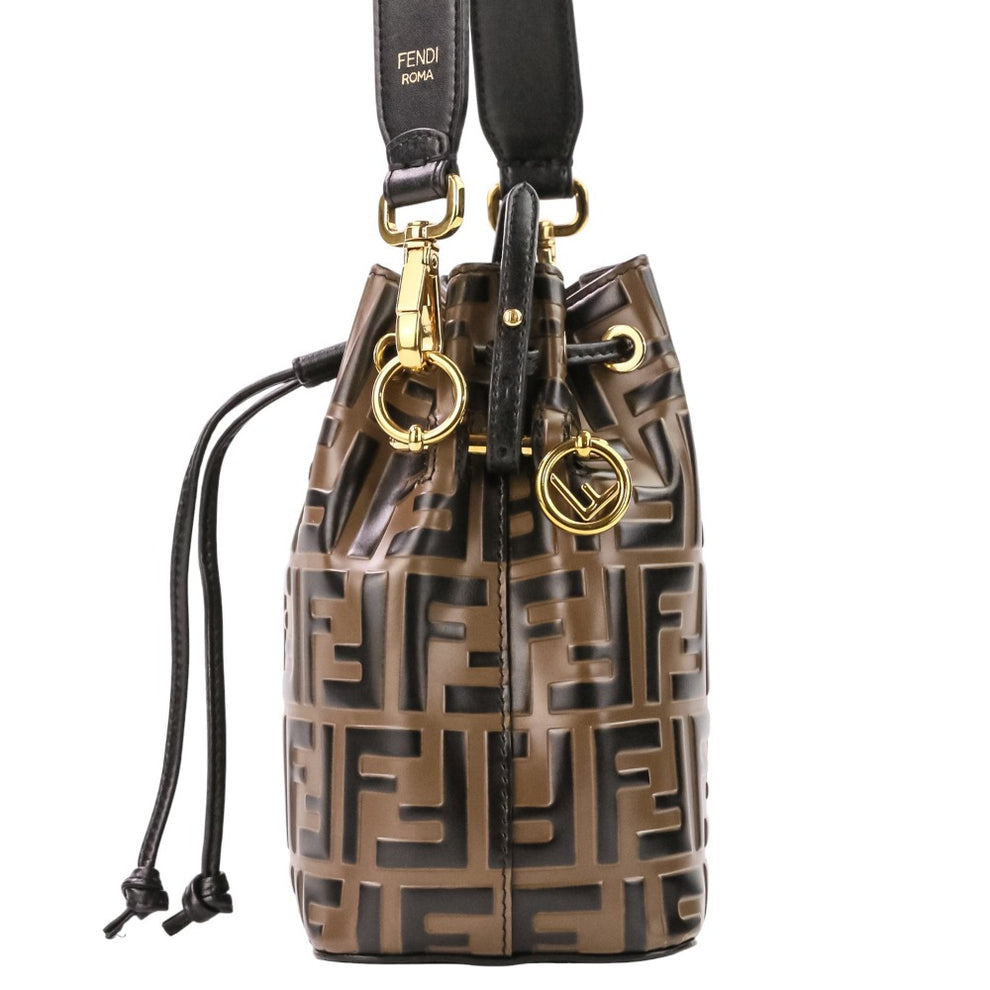 FENDI Mini Mon Trésor Bucket Bag – Brown FF Embossed Leather – 2-Way Drawstring – 100% Authentic Previously myOwned | Excellent Condition