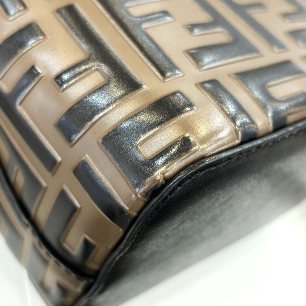 FENDI Mini Mon Trésor Bucket Bag – Brown FF Embossed Leather – 2-Way Drawstring – 100% Authentic Previously myOwned | Excellent Condition