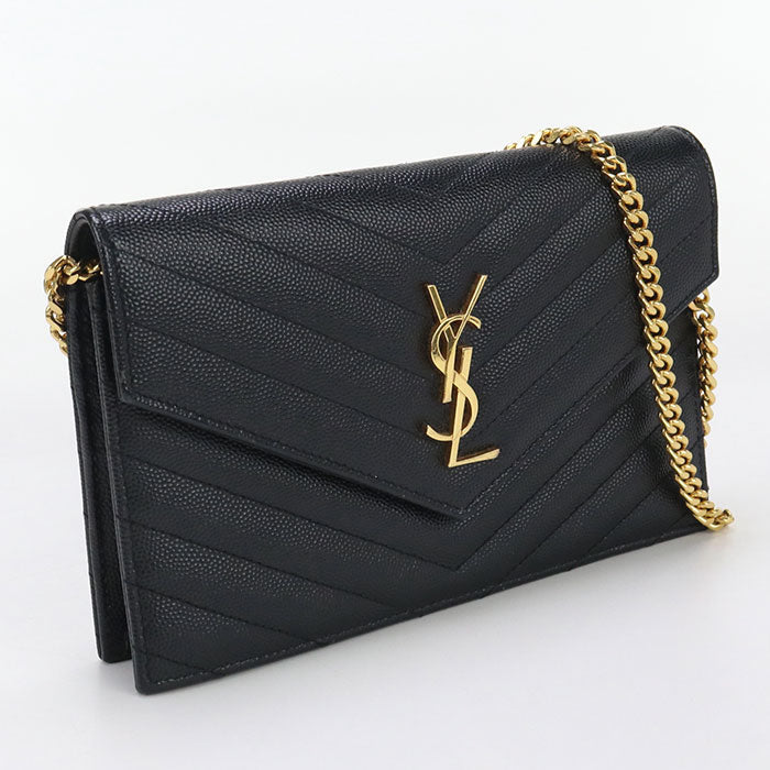 SAINT LAURENT – Envelope Cassandra Chain Wallet – Black Calfskin with Gold-Tone Hardware – 100% Authentic ✨Previously Owned A Rank ~38% Off MSRP