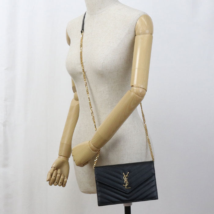 SAINT LAURENT – Envelope Cassandra Chain Wallet – Black Calfskin with Gold-Tone Hardware – 100% Authentic ✨Previously Owned A Rank ~38% Off MSRP