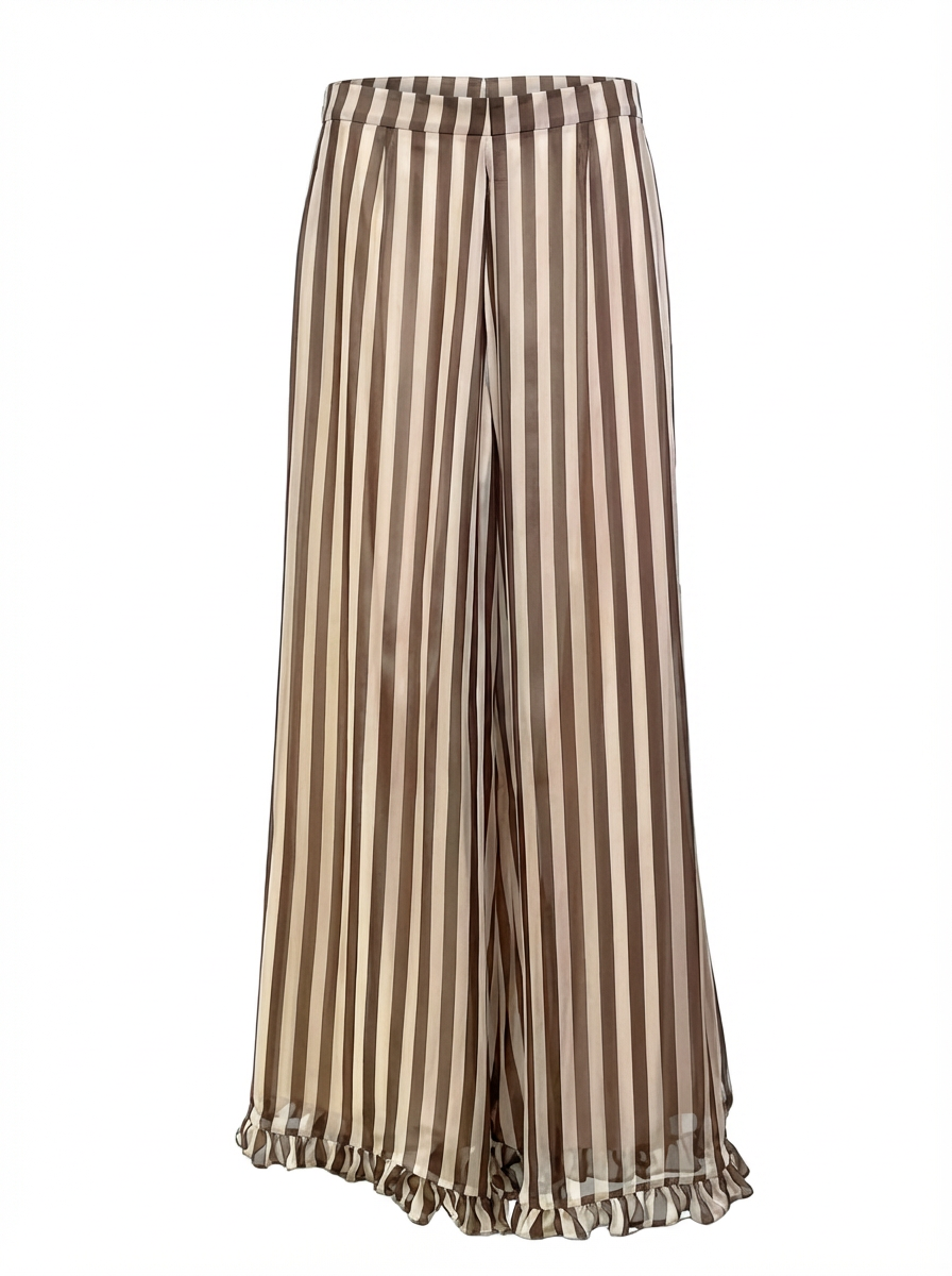Brown Striped Chiffon Kaftan Set | Ruffle Tunic & Wide-Leg Pants | 3-Piece Option