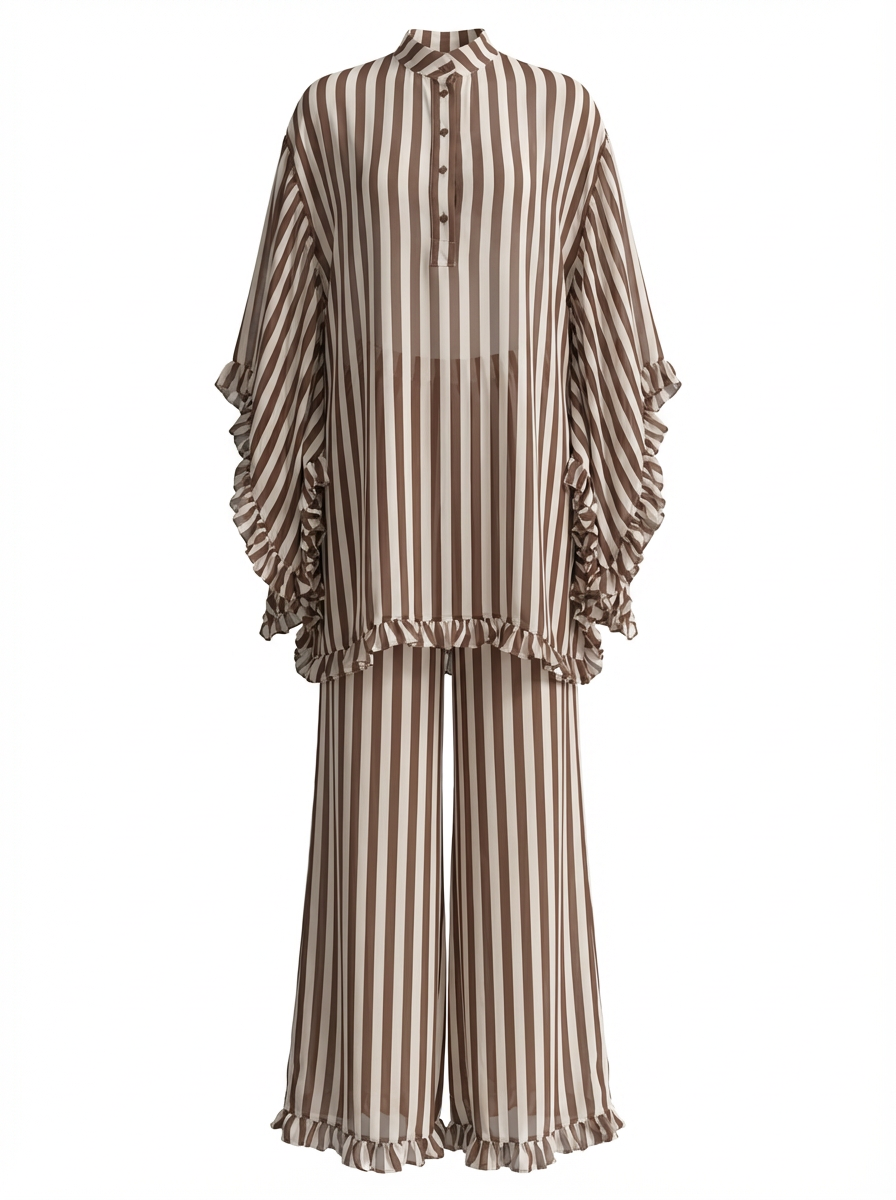 Brown Striped Chiffon Kaftan Set | Ruffle Tunic & Wide-Leg Pants | 3-Piece Option