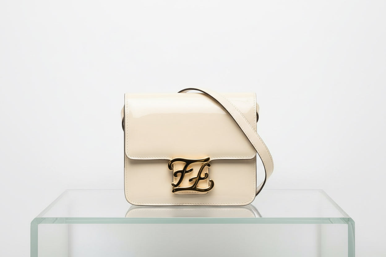 Fendi Calligraphy Patent Leather Shoulder Bag Cream Previously Owned Authentic