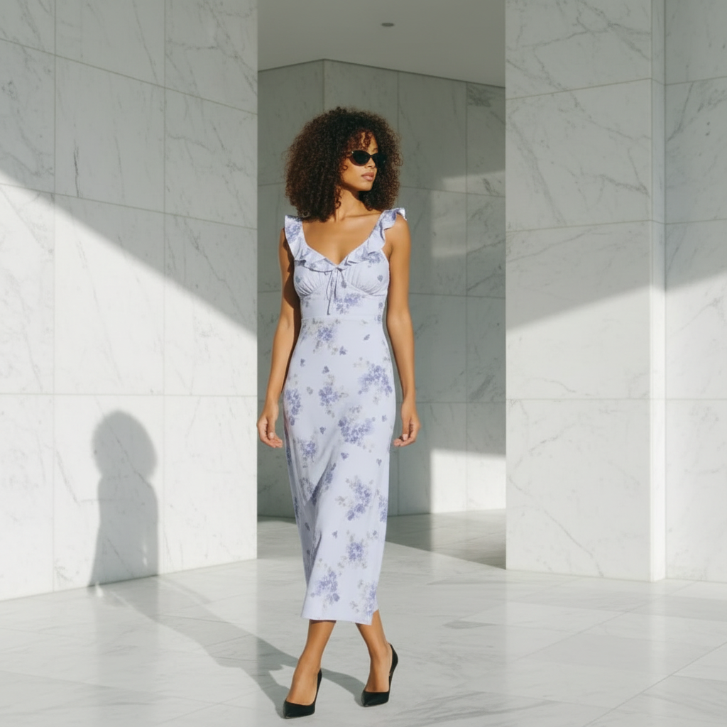 Blue Floral Ruffle Strap Maxi Dress