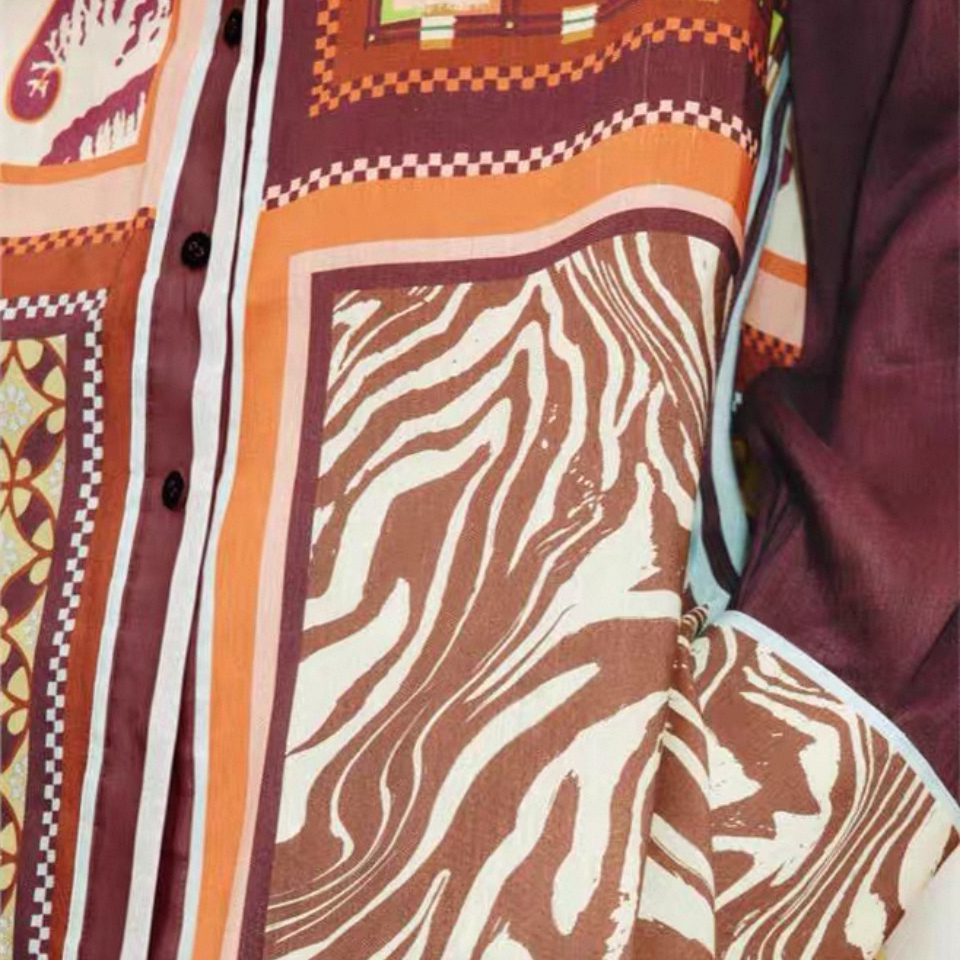 Burgundy Seiden-Einzelteile mit Schal-Print | Top, Hemd oder weite Hose | passende Sets