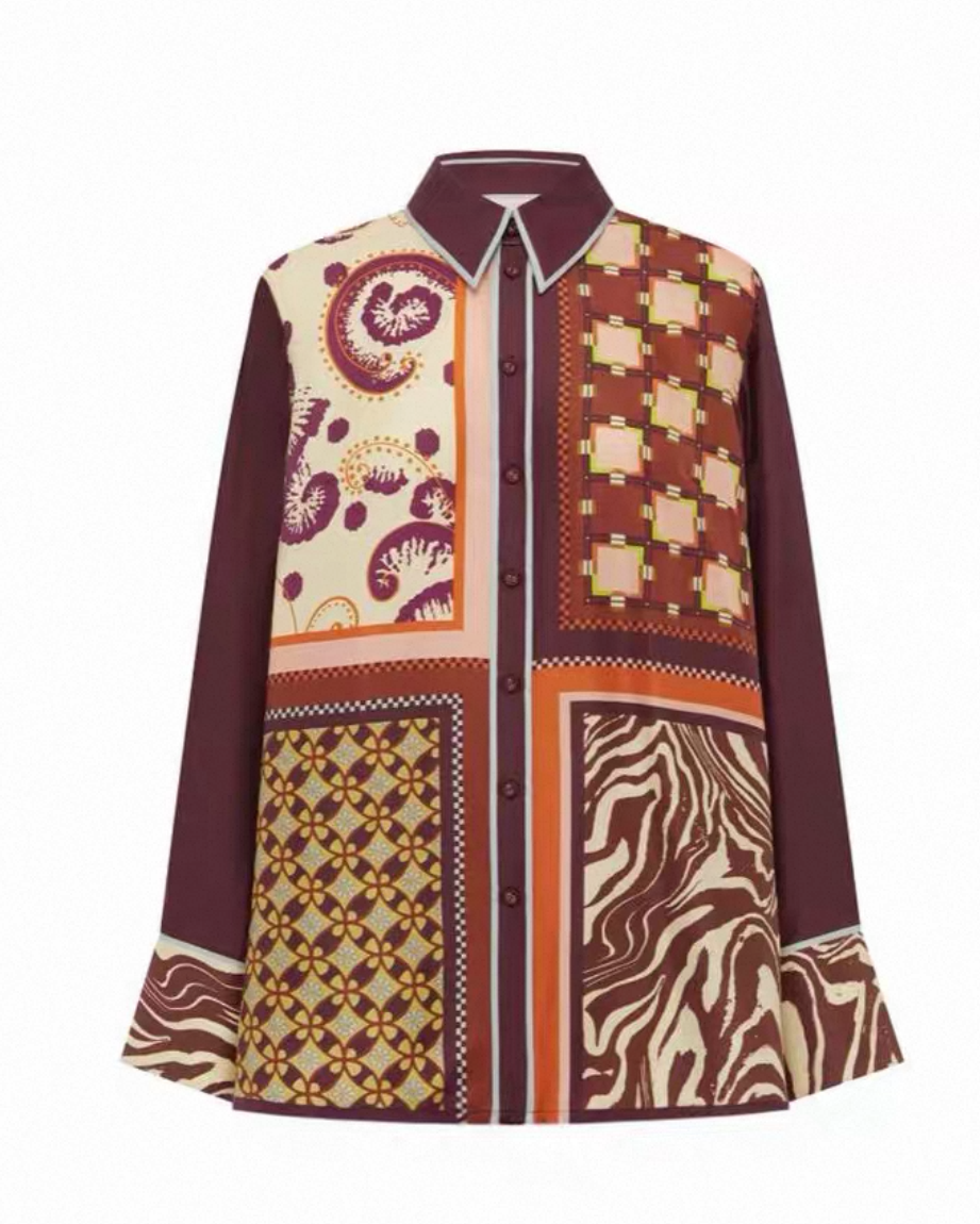 Burgundy Seiden-Einzelteile mit Schal-Print | Top, Hemd oder weite Hose | passende Sets