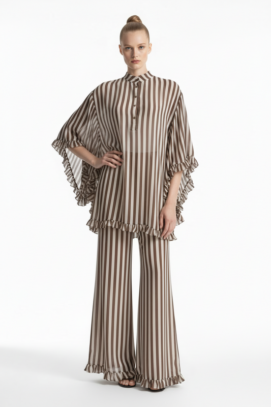 Brown Striped Chiffon Kaftan Set | Ruffle Tunic & Wide-Leg Pants | 3-Piece Option