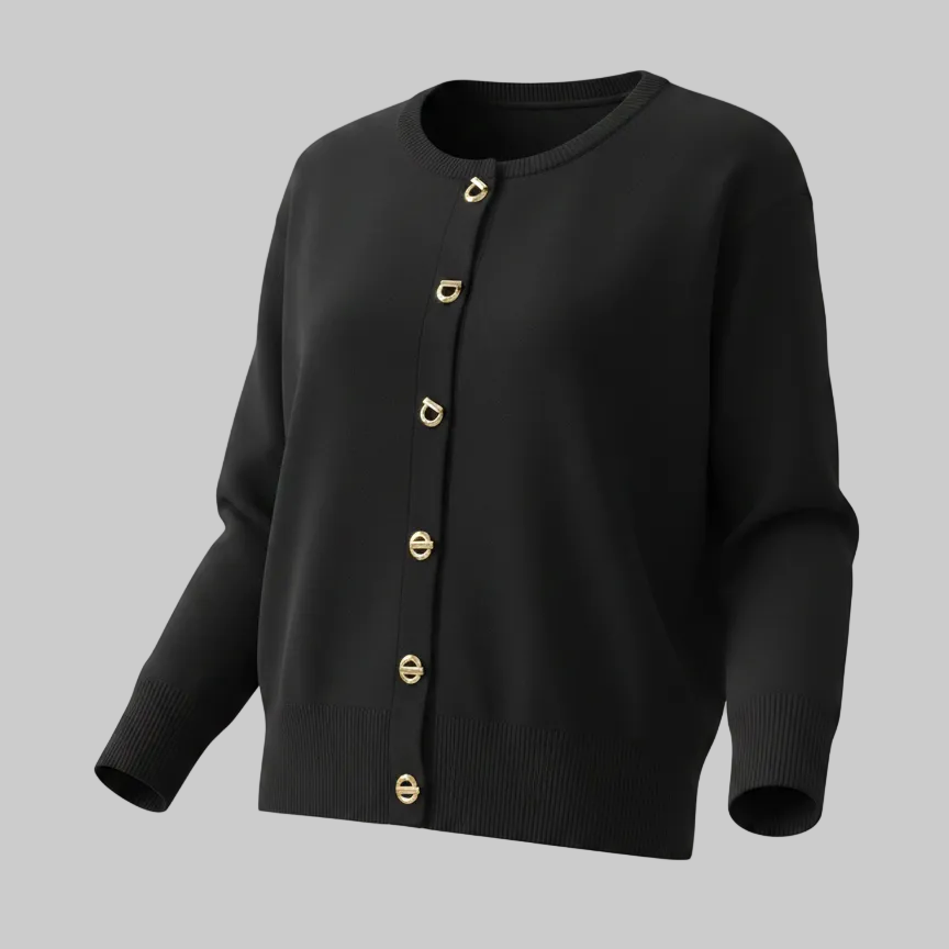 Gold Button Knit Cardigan – O-Neck Long Sleeve Sweater