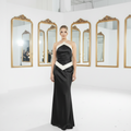Black Satin Strapless A-Line Formal Evening Dress with Ivory Contrast Detail