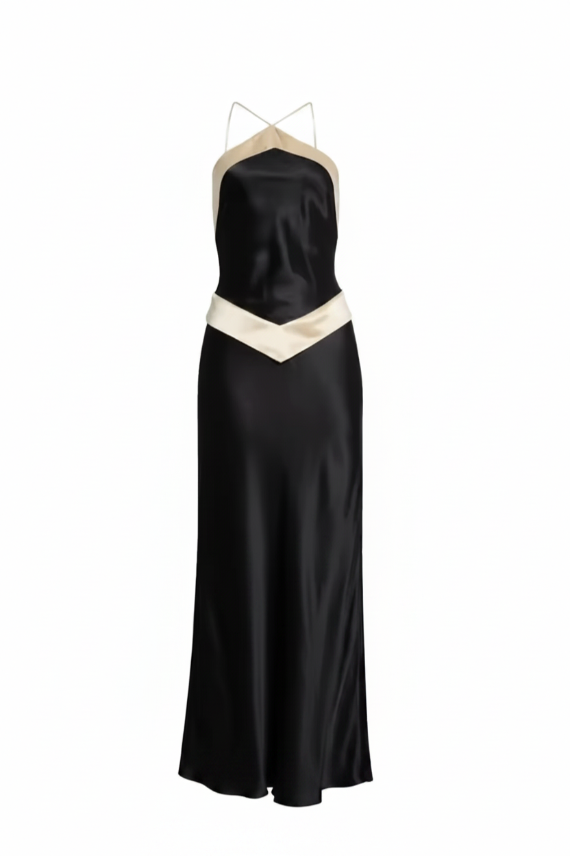 Black Satin Strapless A-Line Formal Evening Dress with Ivory Contrast Detail