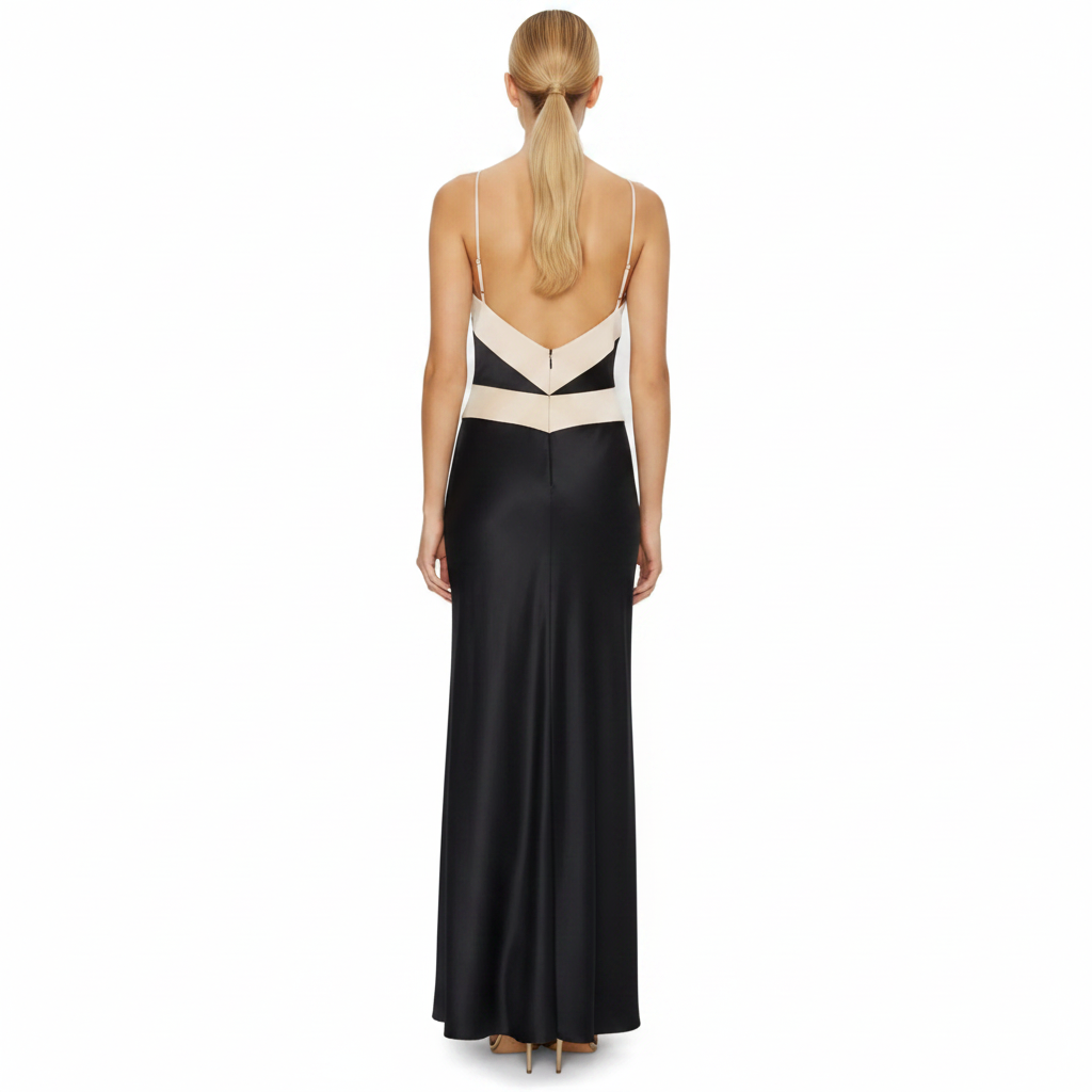 Black Satin Strapless A-Line Formal Evening Dress with Ivory Contrast Detail