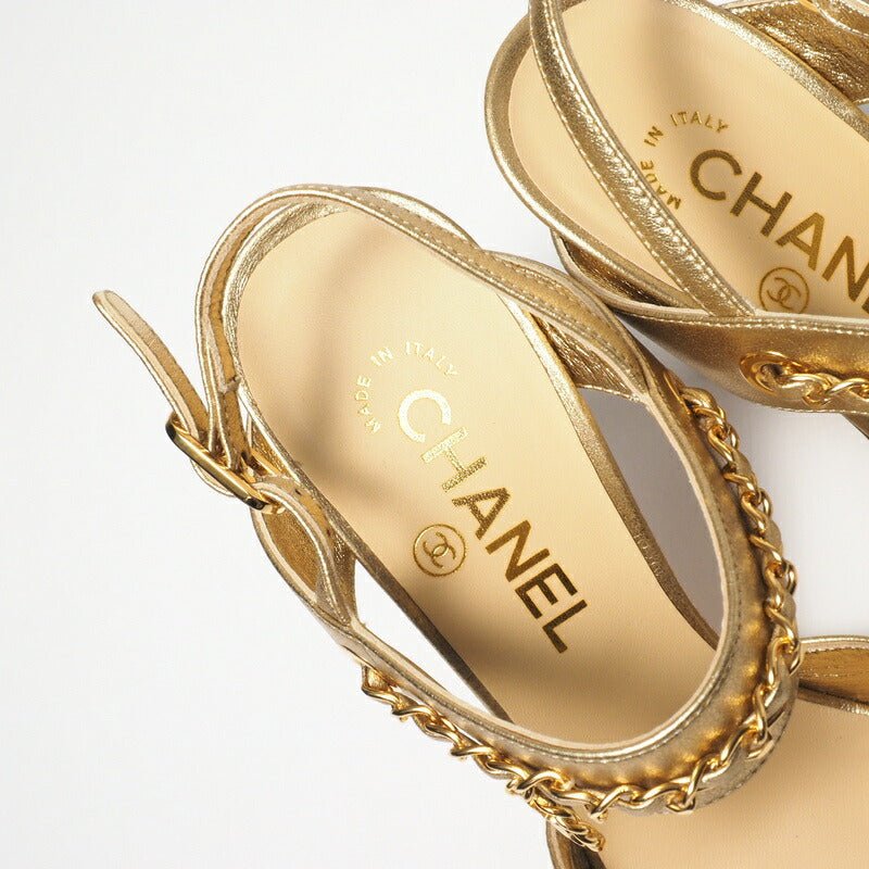 CHANEL GP4474 by Karl Lagerfeld Gold Leather Sandals – Women’s Size 6.5 US – Model PG33718 – Made in Italy, 100% Authentic Pre - Owned - LLUXE.CA