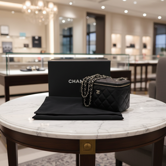 CHANEL – Matelassée Vanity Shoulder Bag  – COCO Mark – Caviar Skin – Black – Late-1990s (c. 1996–1997) – Karl Lagerfeld Era – 100% Authentic Pre-Owned ✨Excellent Vintage