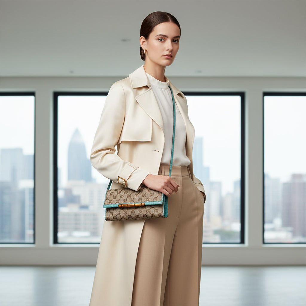 GUCCI Bamboo 7G0447E5NB in GG Canvas with Blue Leather Trim (Circa Early 2000s, Designed under Tom Ford, Made in Italy) – 100% Authentic Pre Owned Genuine - LLUXE.CA