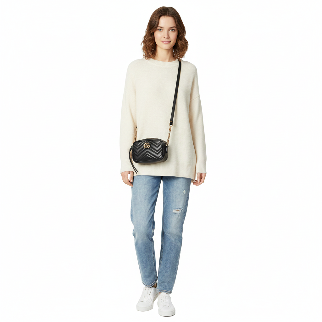 GUCCI – GG Marmont Mini Camera / Diagonal Shoulder Bag – Black Chevron Matelassé Leather – Italy – 100% Authentic ✨Previously Owned Excellent Condition ~21% Off MSRP