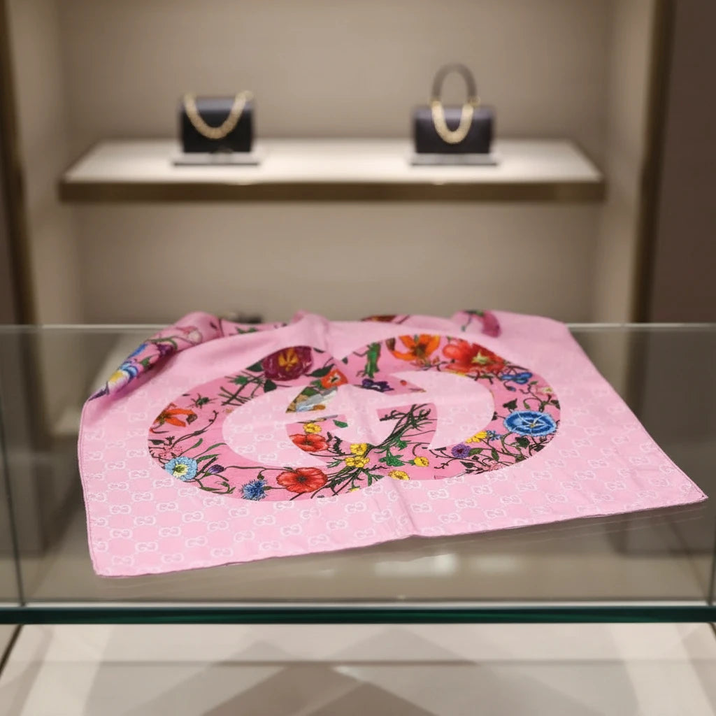 GUCCI – Shawl – Model No. 663676 – GG Logo Flora – Silk & Rayon – Alessandro Michele – 2022 – 100% Authentic Pre - Owned - LLUXE.CA