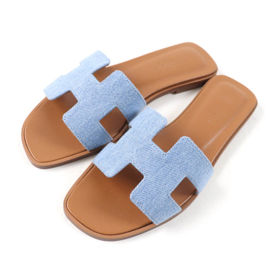 HERMÈS Oran Sandals 00024955 Blue Denim Fabric & Leather Size 35 (US 5) – Designed by Pierre Hardy (1997), Pre - Owned, Full Set, 100% Authentic (Genuine) - LLUXE.CA