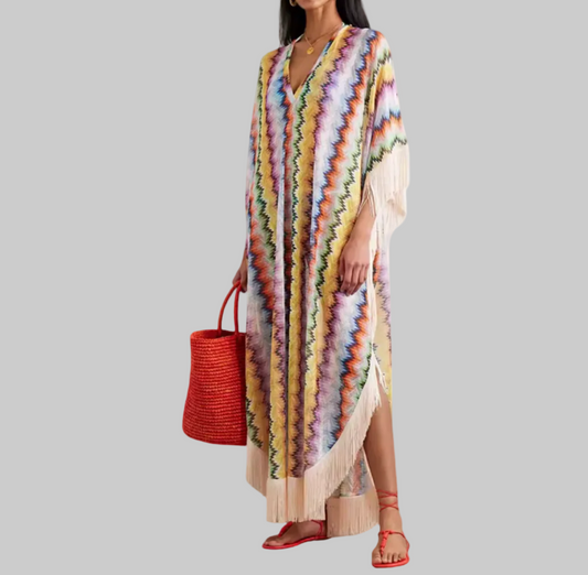 Bohemian Wave Print Tassel Maxi – V-Neck Irregular Beach Caftan – One | L’LUXE Resort-Wear