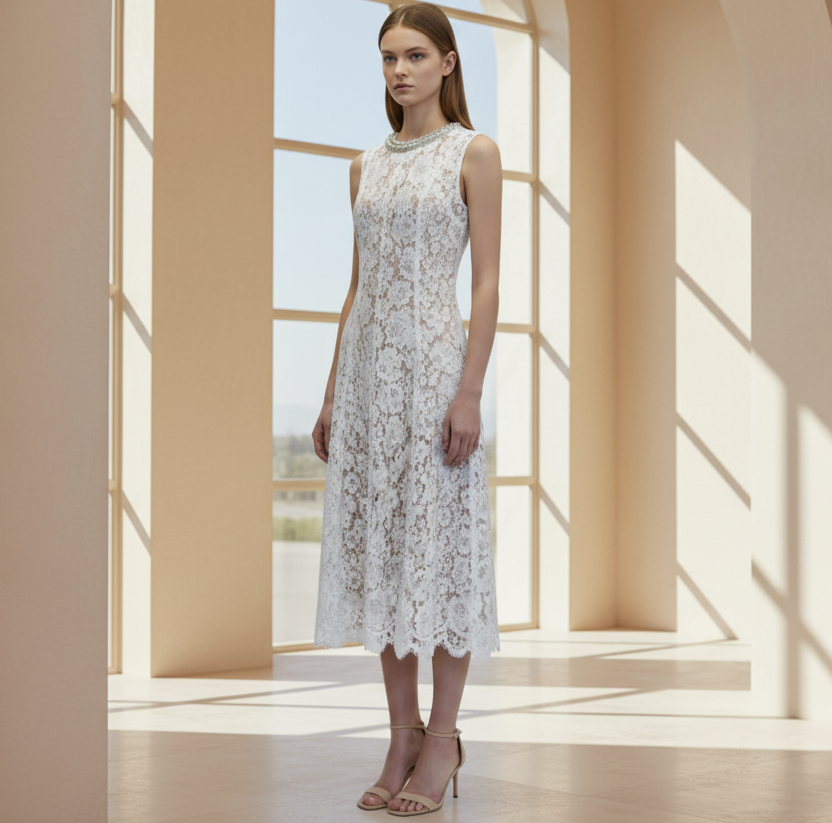 Lace Patchwork Pearl Midi Dress