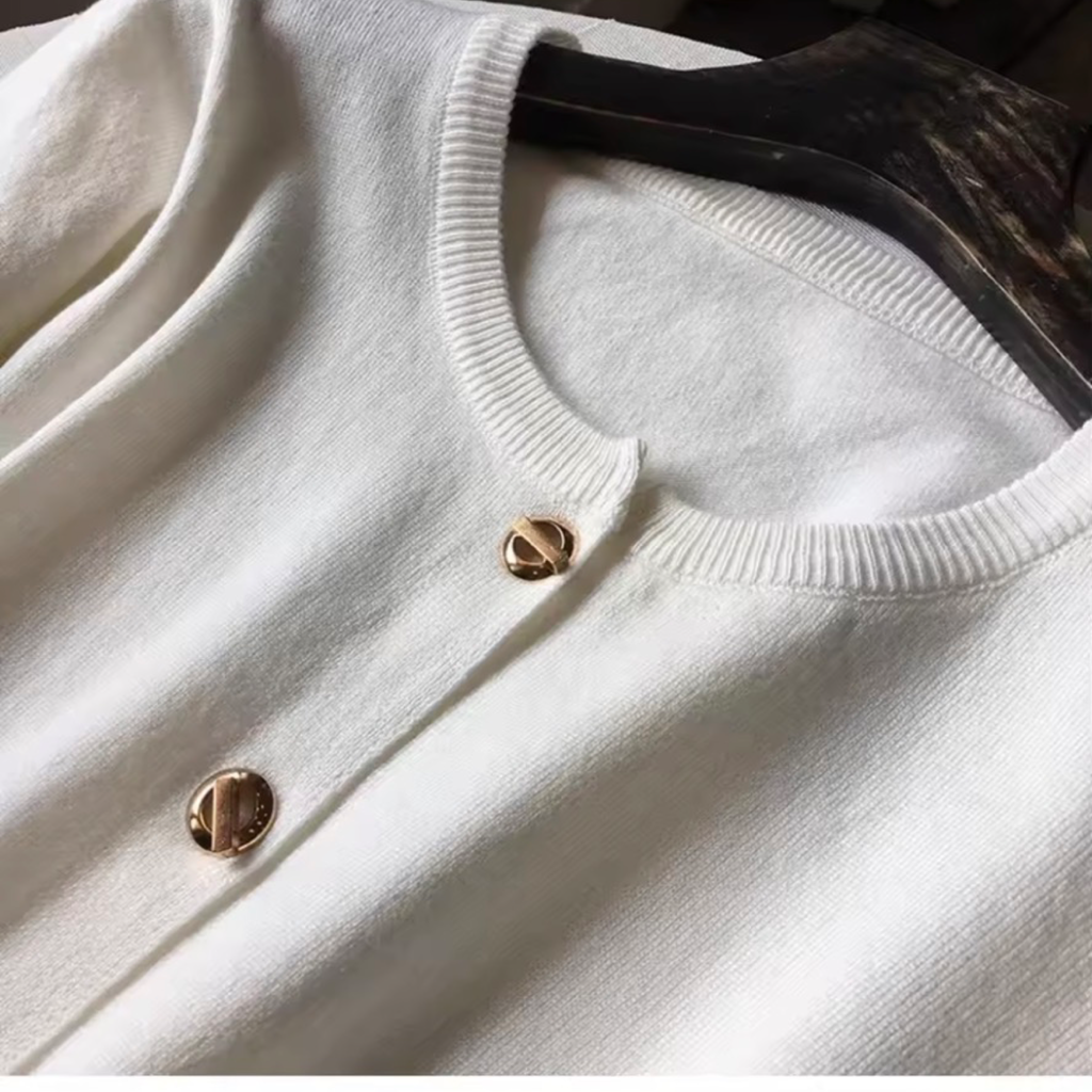 Gold Button Knit Cardigan – O-Neck Long Sleeve Sweater