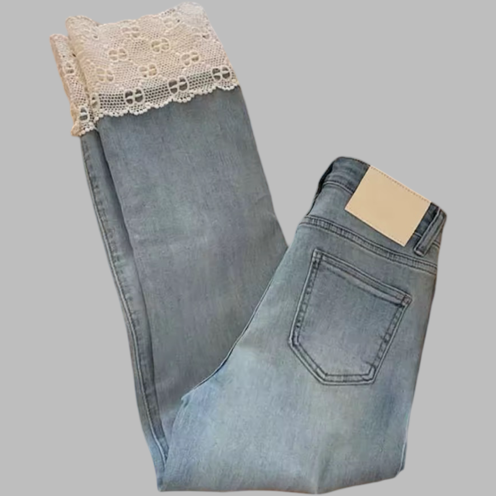 High Waist Light Wash Ankle-Length Lace Hemmed Cropped Straight Denim Jeans
