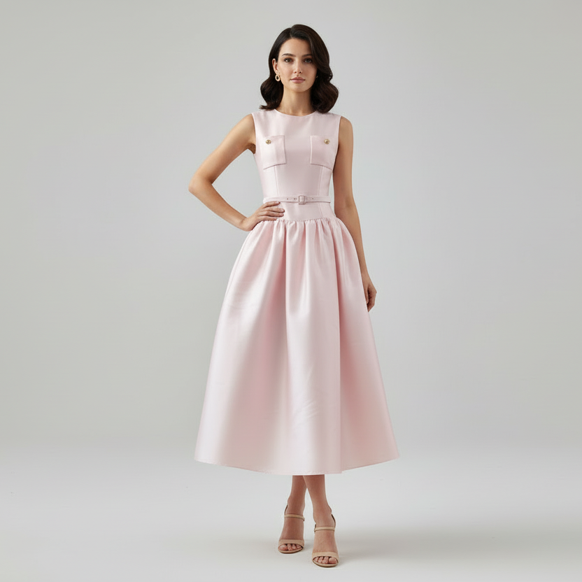 Pink Slimming Waist Belted Midi Dress