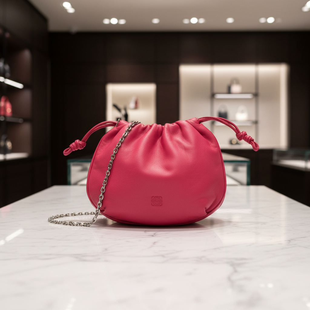 LOEWE Anagram Drawstring Chain Shoulder Bag Pink Leather Previously Owned Authentic