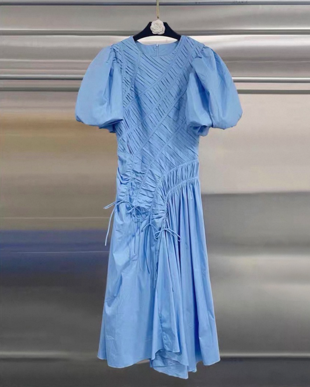 Sculpted Pleat Puff-Sleeve Asymmetric Midi Dress