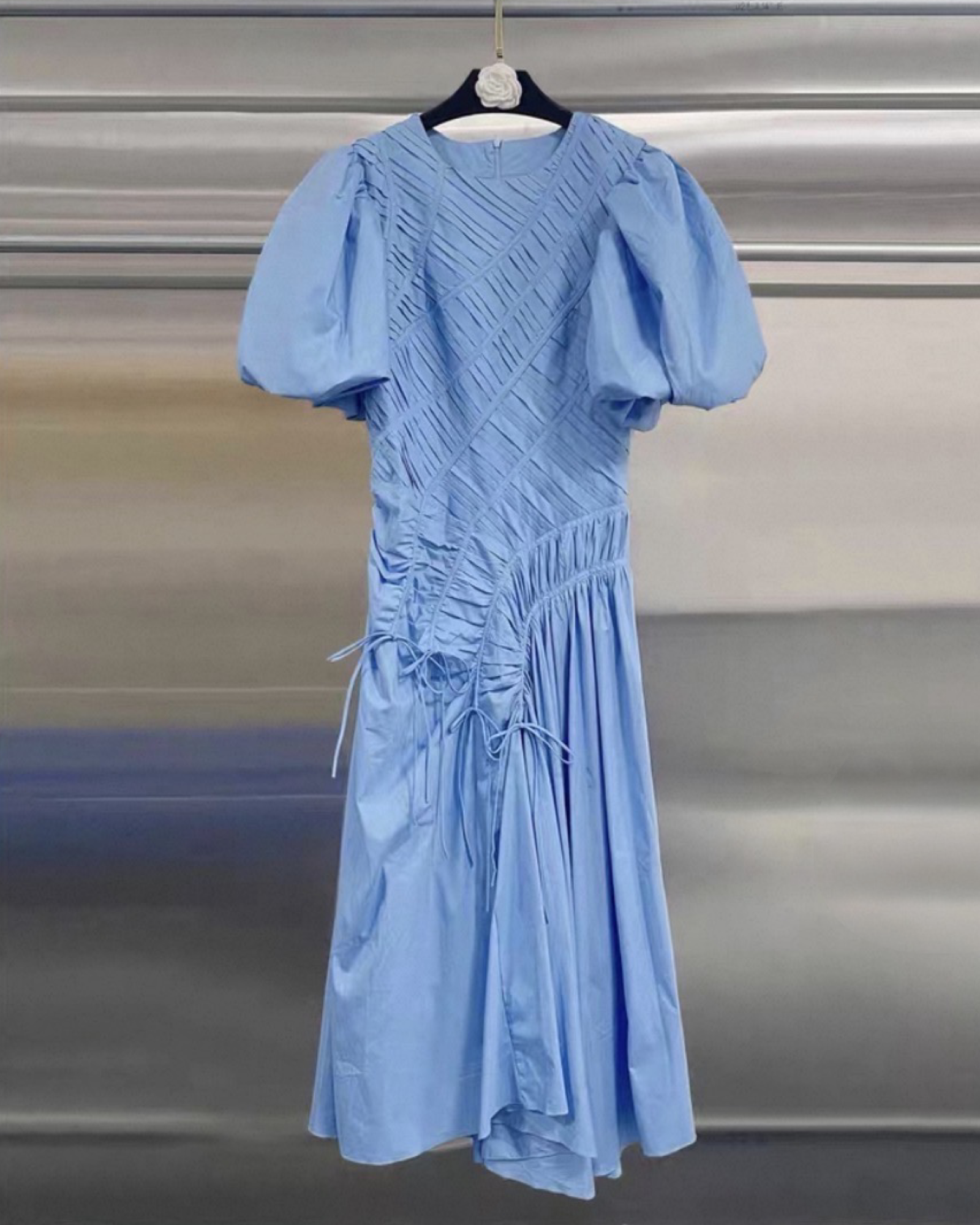 Sculpted Pleat Puff-Sleeve Asymmetric Midi Dress