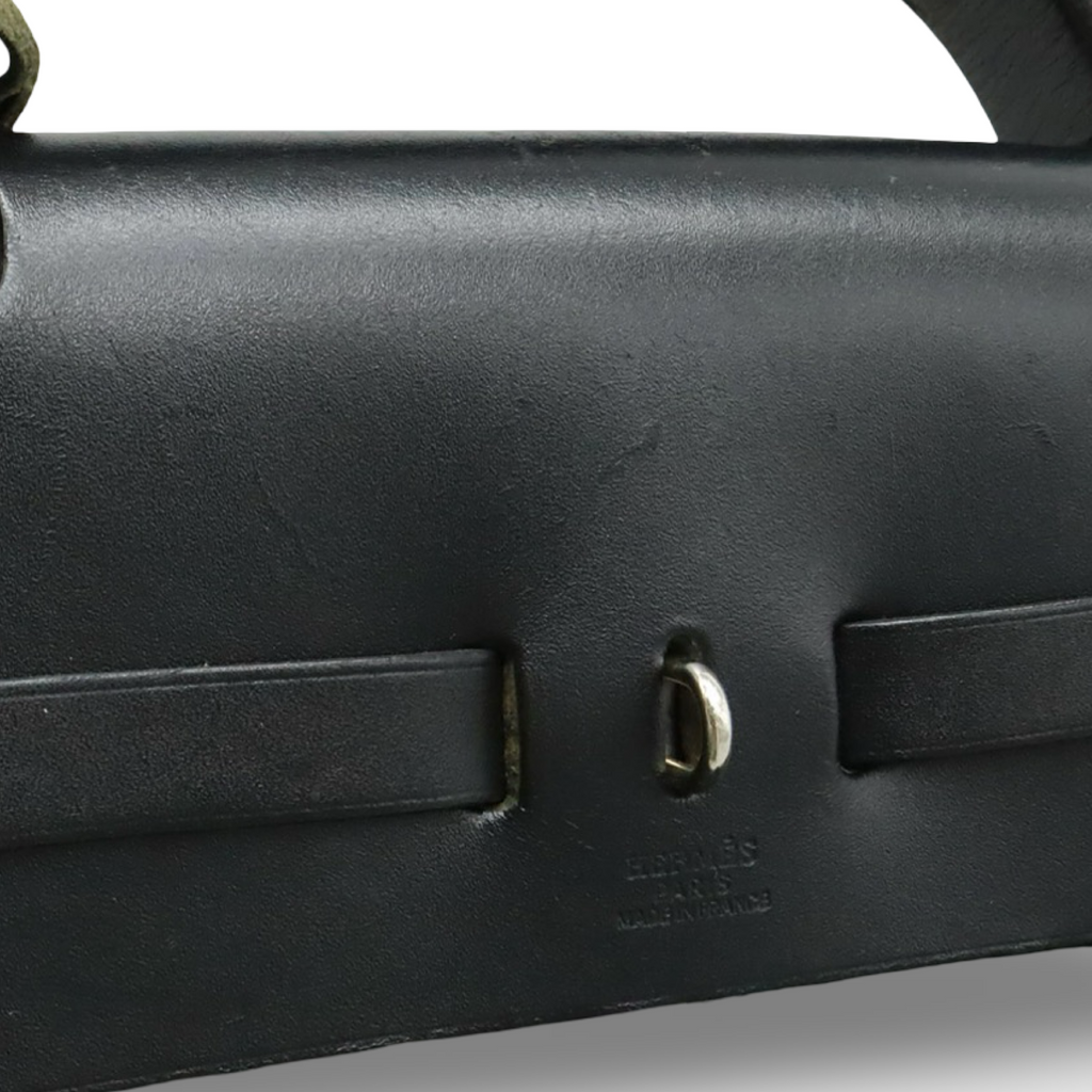 Hermès Herbag MM Toile Officier Leather Handbag Black Previously Owned Authentic