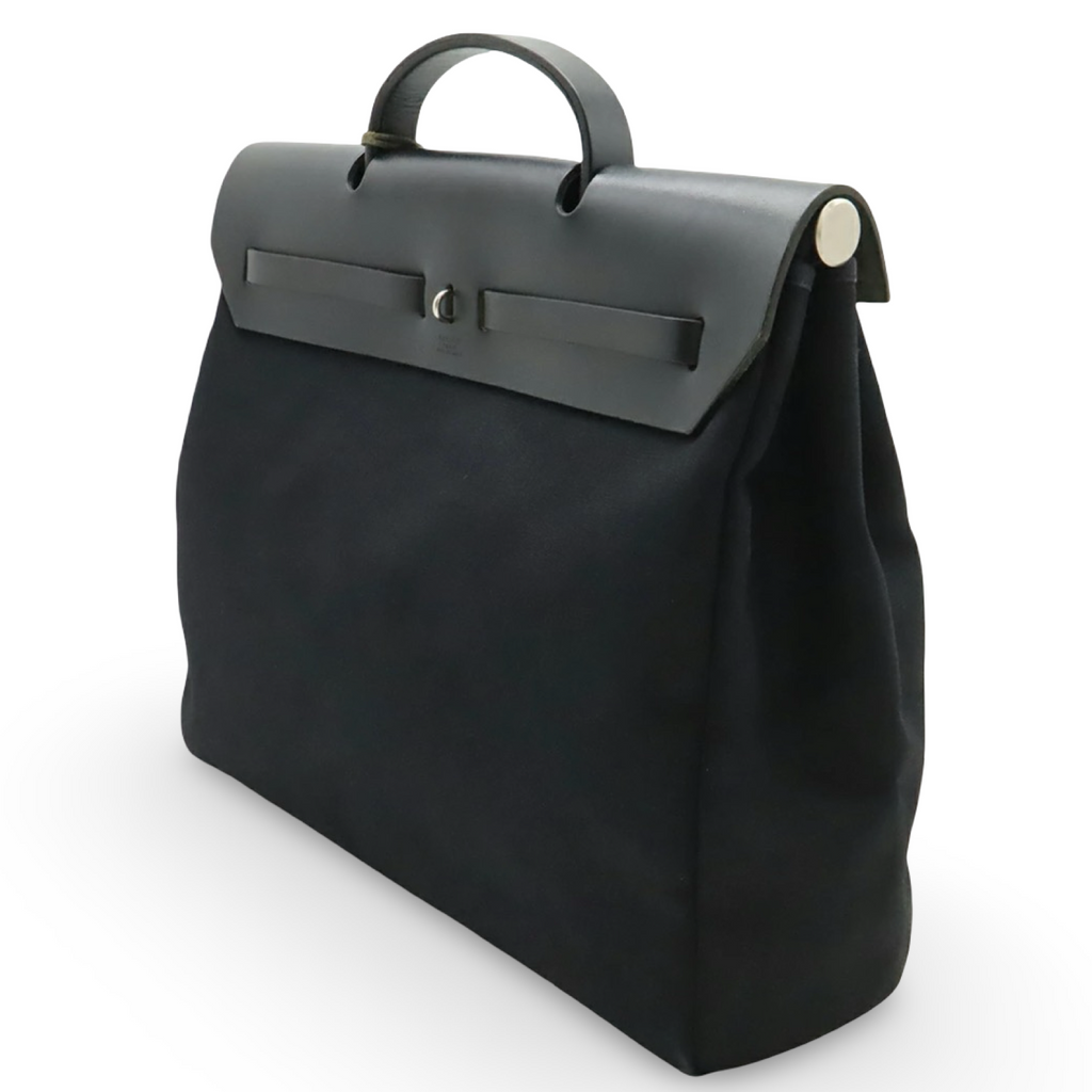 Hermès Herbag MM Toile Officier Leather Handbag Black Previously Owned Authentic