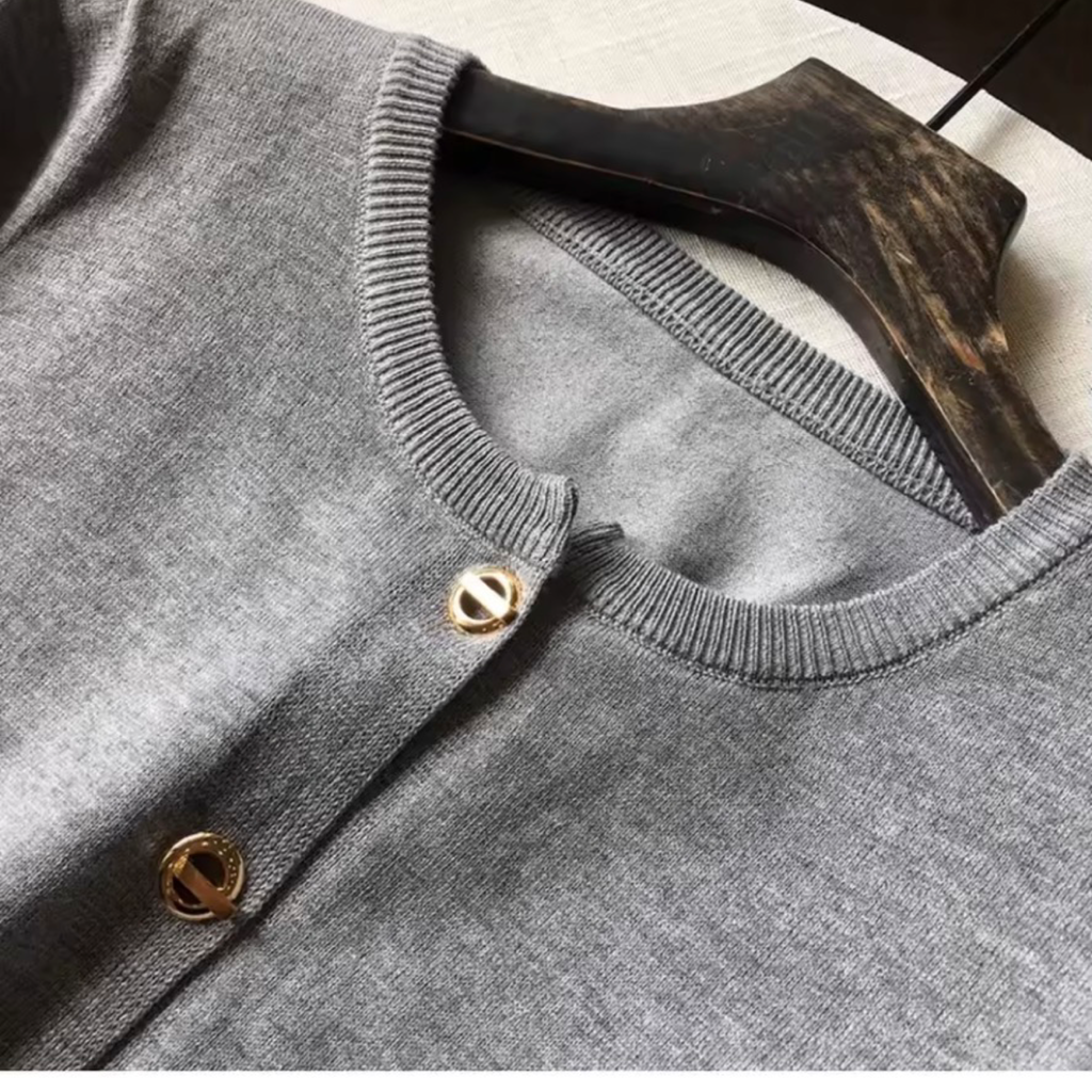Gold Button Knit Cardigan – O-Neck Long Sleeve Sweater